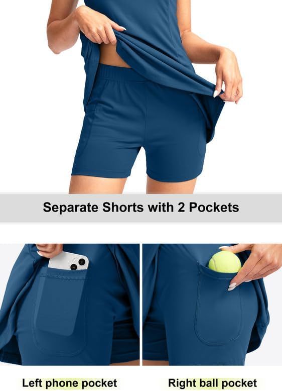 Women's Tennis Golf Dress with Shorts Active Exercise Workout Sports Athletic Dresses for Women with Zipper Pockets
