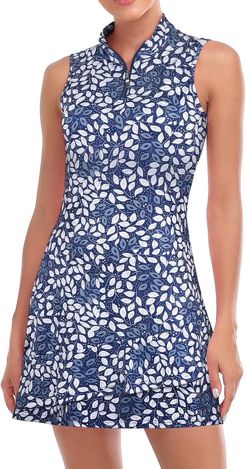 Tennis Dress for Women Sleeveless Golf Dresses with Shorts and Pockets Ruffle Zip Up Stand Collar Golf Outfits