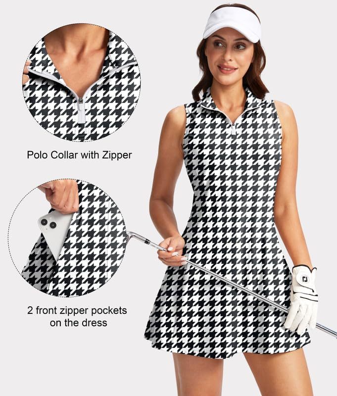 Women's Tennis Golf Dress with Shorts Active Exercise Workout Sports Athletic Dresses for Women with Zipper Pockets