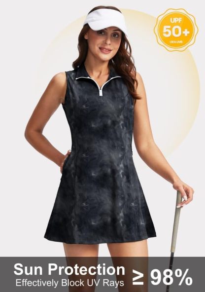 Women's Tennis Golf Dress with Shorts Active Exercise Workout Sports Athletic Dresses for Women with Zipper Pockets