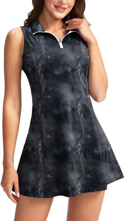 Women's Tennis Golf Dress with Shorts Active Exercise Workout Sports Athletic Dresses for Women with Zipper Pockets