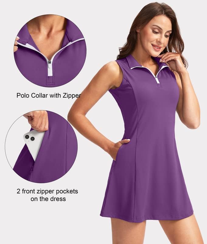 Women's Tennis Golf Dress with Shorts Active Exercise Workout Sports Athletic Dresses for Women with Zipper Pockets