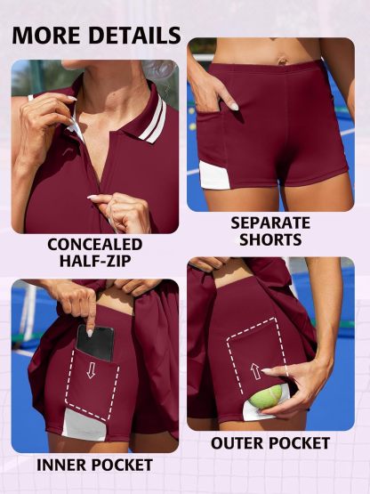 Women Tennis Dresses Ribbed Polo Golf Dress Half Zip Pleated Workout Dress with Built in Shorts and Bra