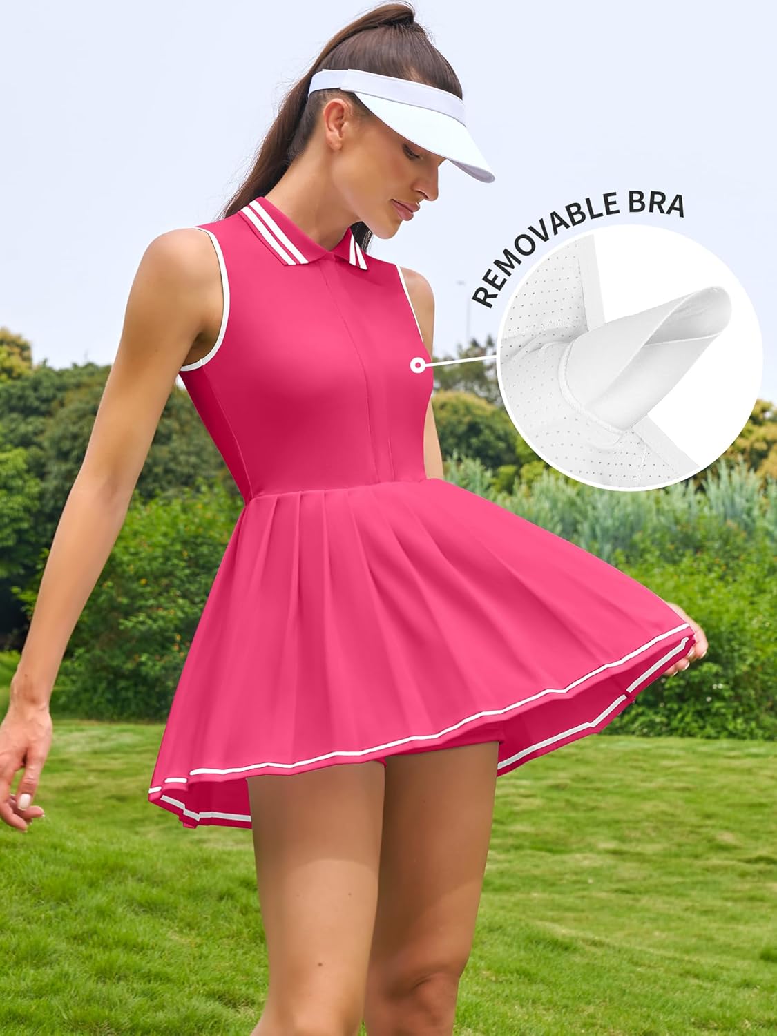 Women Tennis Dresses Ribbed Polo Golf Dress Half Zip Pleated Workout Dress with Built in Shorts and Bra