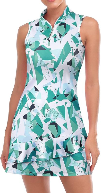 Tennis Dress for Women Sleeveless Golf Dresses with Shorts and Pockets Ruffle Zip Up Stand Collar Golf Outfits