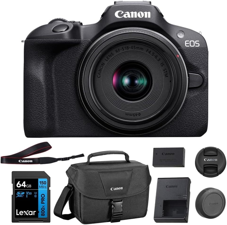 Canon EOS R100 Mirrorless Camera with RF-S18-45mm F4.5-6.3 IS STM Lens & RF-S55-210mm F5-7.1 IS STM, 24.1 Megapixel (APS-C Sensor) | Black Bundled with 64GB Memory Card & Camera Shoulder Bag (3 Items)