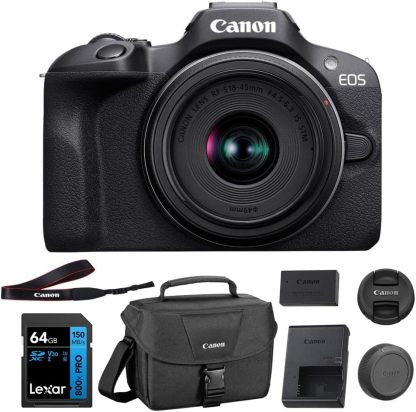 Canon EOS R100 Mirrorless Camera with RF-S18-45mm F4.5-6.3 IS STM Lens & RF-S55-210mm F5-7.1 IS STM, 24.1 Megapixel (APS-C Sensor) | Black Bundled with 64GB Memory Card & Camera Shoulder Bag (3 Items)