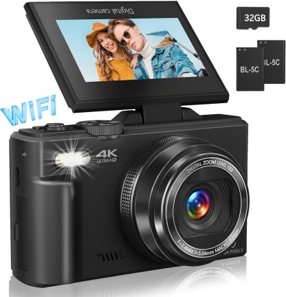 Digital Camera for Photography, 4K Vlogging Camera for YouTube 3" 180° Flip Screen 18X Digital Zoom Compact Retro Cameras with 32GB TF Card & 2 Batteries, Black