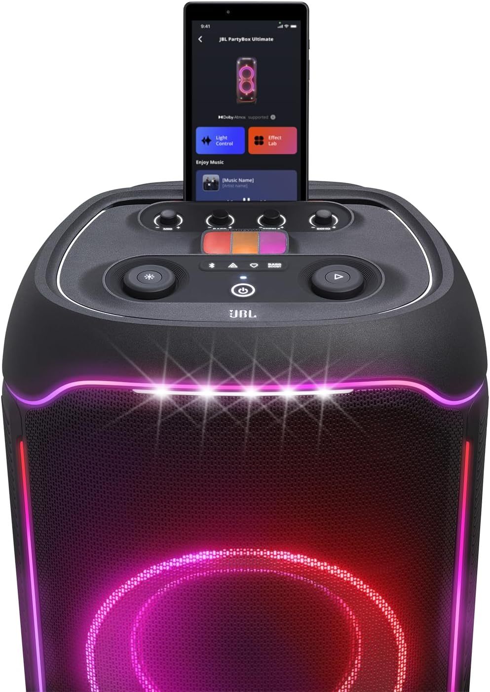 JBL Partybox Ultimate - Multi Purpose Party Speaker, with Wi-fi & Bluetooth Connectivity, Wireless, Lightshow, IPx4 Slashproof, Dual Mic & Guitar Inputs, Handle & Sturdy Wheels, Black