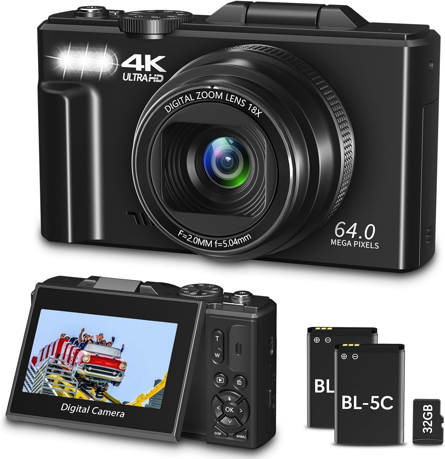 Digital Camera for Photography, 4K Vlogging Camera for YouTube 3" 180° Flip Screen 18X Digital Zoom Compact Retro Cameras with 32GB TF Card & 2 Batteries, Black