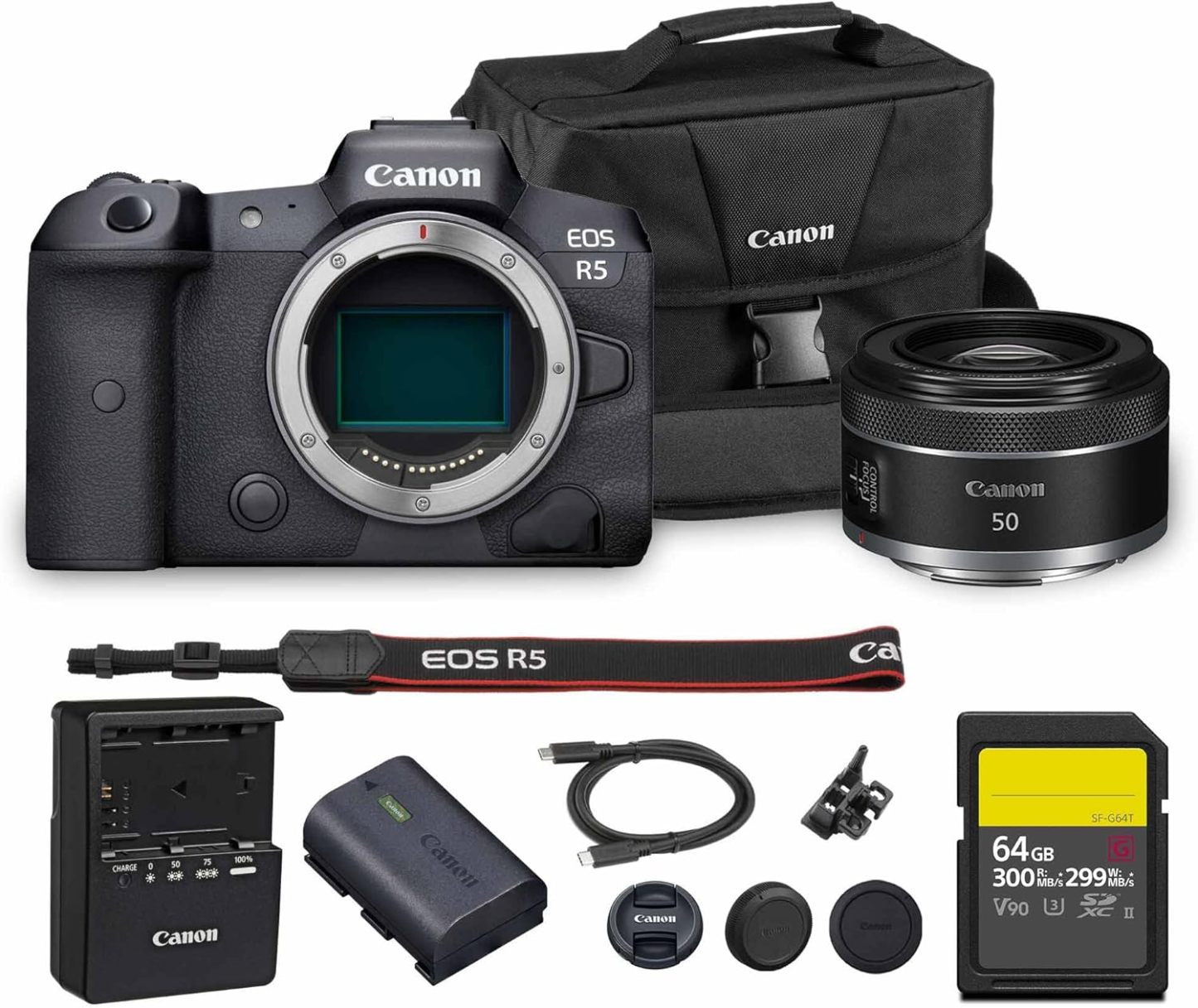 Canon EOS R5 Mirrorless Camera | 45MP Full Frame Sensor 8K Video | in-Body Image Stabilization and Dual Pixel AF for Hybrid Creators (4147C002) + Canon RF 75-300mm Lens + 64GB Card + Bag