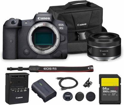 Canon EOS R5 Mirrorless Camera | 45MP Full Frame Sensor 8K Video | in-Body Image Stabilization and Dual Pixel AF for Hybrid Creators (4147C002) + Canon RF 75-300mm Lens + 64GB Card + Bag