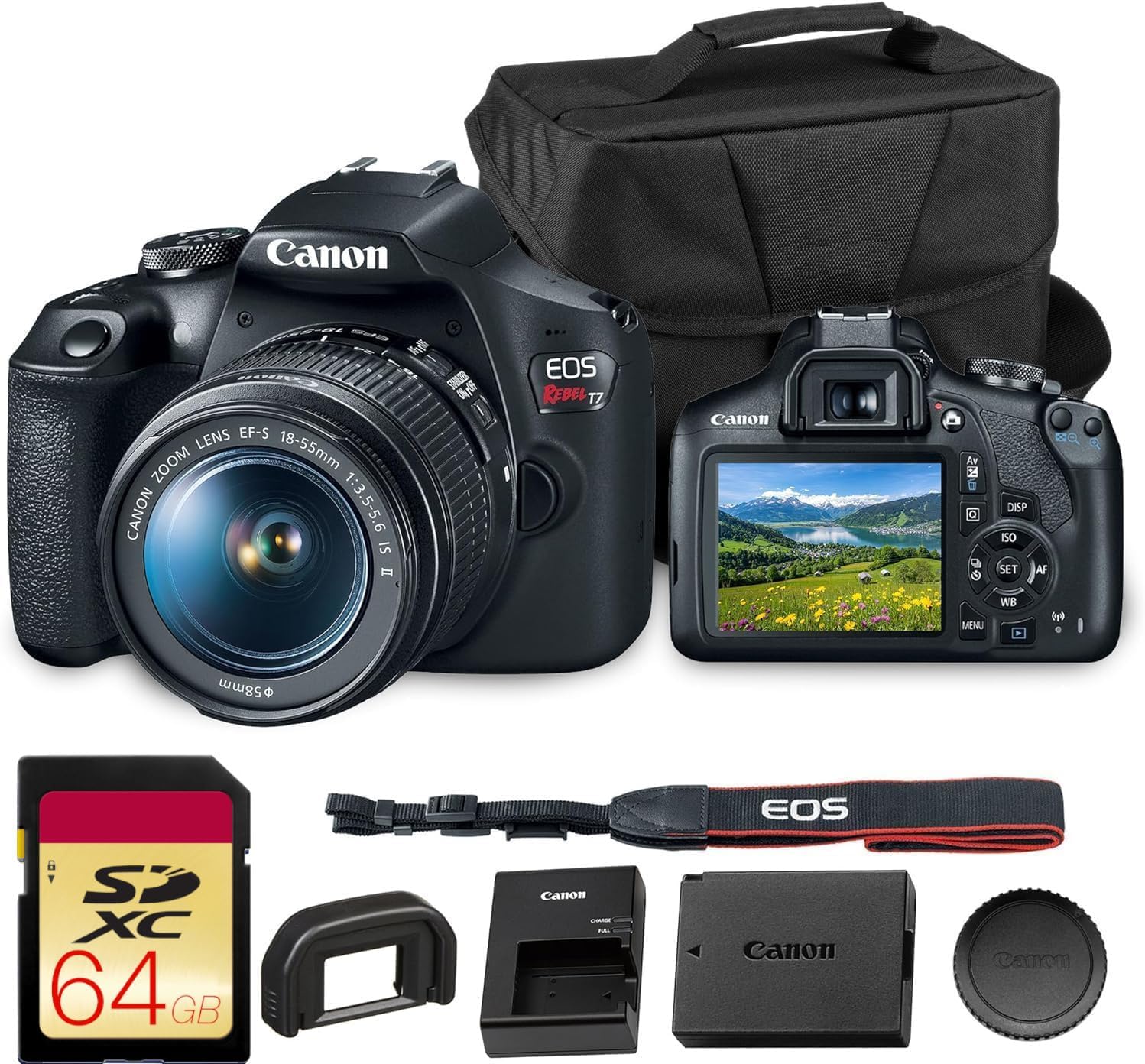 Canon EOS Rebel T7 DSLR Camera | 24.1MP APS-C CMOS Sensor with DIGIC 4+ Image Processor | Built-in Wi-Fi & NFC | EF Lens Compatible Beginner Photography Camera Kit with Shoulder Bag and 64GB Card