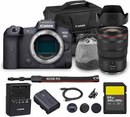 Canon EOS R5 Mirrorless Camera | 45MP Full Frame Sensor 8K Video | in-Body Image Stabilization and Dual Pixel AF for Hybrid Creators (4147C002) + Canon RF 75-300mm Lens + 64GB Card + Bag
