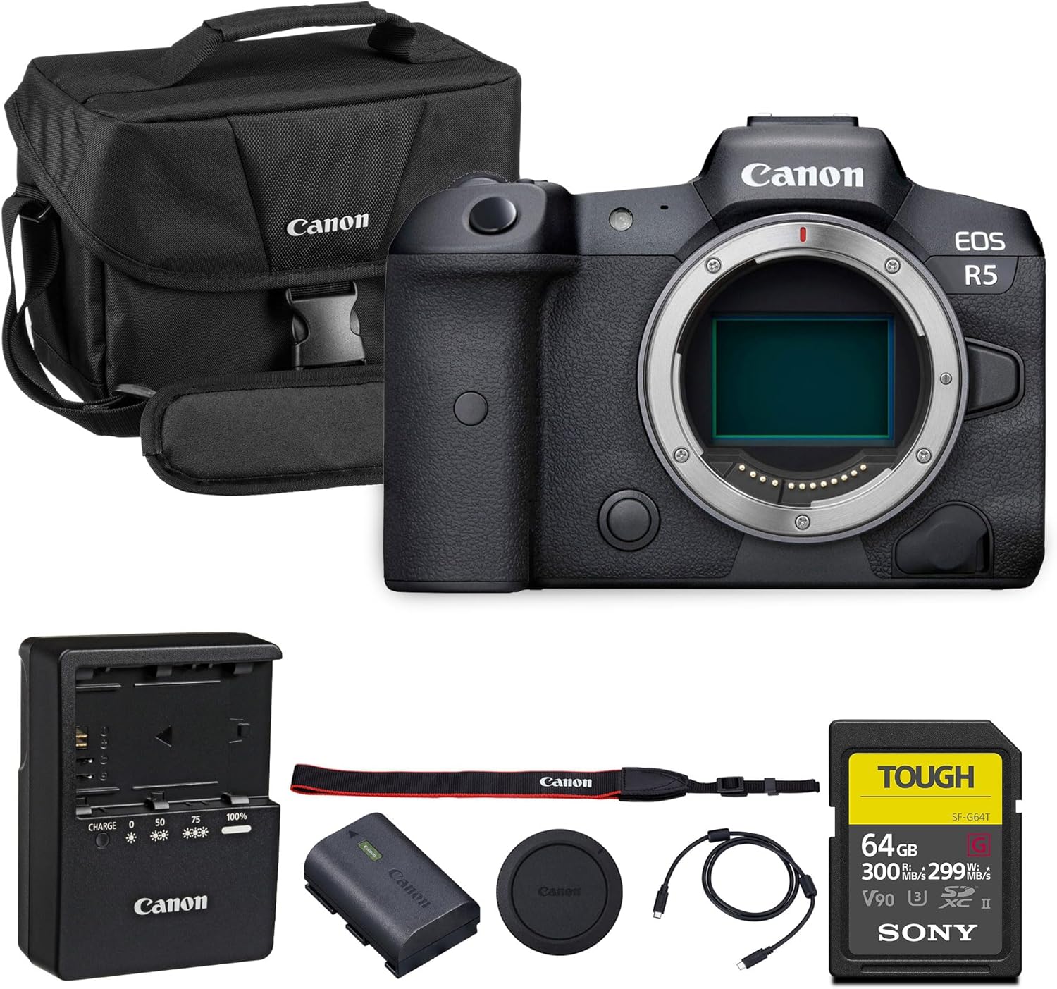 Canon EOS R5 Mirrorless Camera | 45MP Full Frame Sensor 8K Video | in-Body Image Stabilization and Dual Pixel AF for Hybrid Creators (4147C002) + Canon RF 75-300mm Lens + 64GB Card + Bag