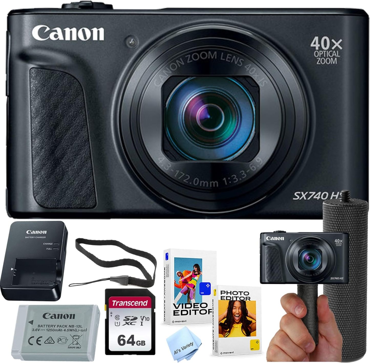 Canon Powershot SX740 HS Digital Camera (Black) + 64GB Memory + Stabilizing Grip + Software Pack +More (Value Bundle) 