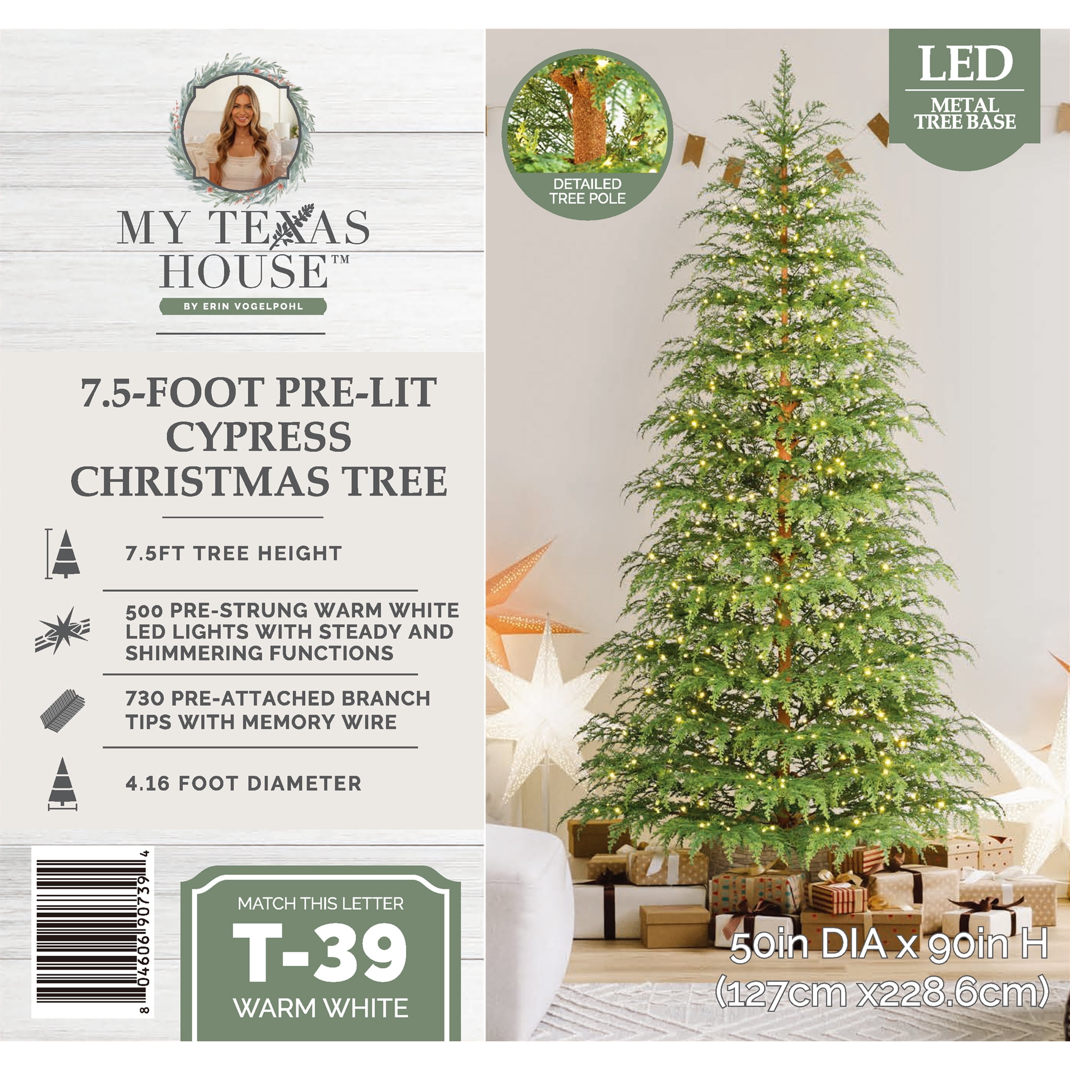 7.5' Pre-Lit Green Cypress Artificial Christmas Tree with 500 Warm White Twinkle LED Lights, by My Texas House