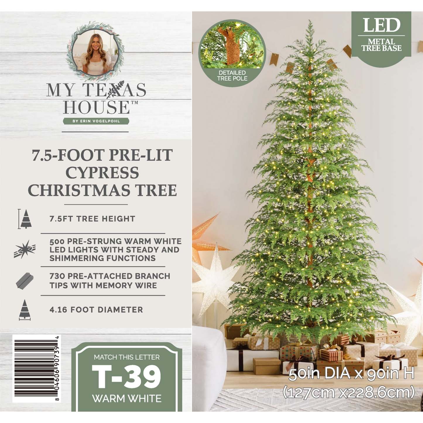 7.5' Pre-Lit Green Cypress Artificial Christmas Tree with 500 Warm White Twinkle LED Lights, by My Texas House