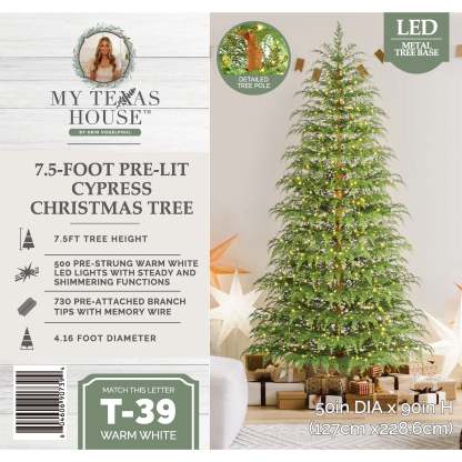 7.5' Pre-Lit Green Cypress Artificial Christmas Tree with 500 Warm White Twinkle LED Lights, by My Texas House