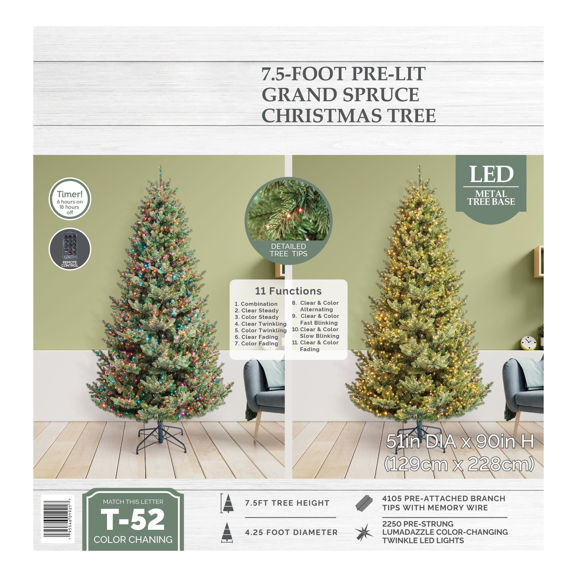 7.5' Pre-Lit Grand Spruce Green Artificial Christmas Tree with 2250 LumaDazzle Color-Changing Twinkle LED Lights, by My Texas House