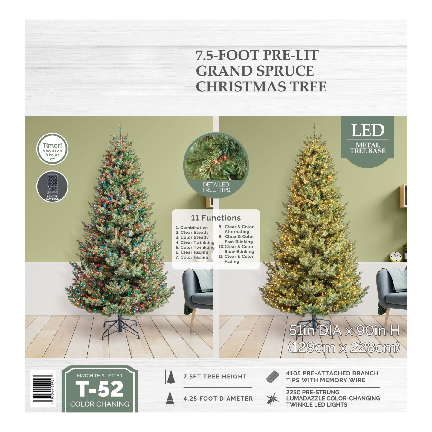 7.5' Pre-Lit Grand Spruce Green Artificial Christmas Tree with 2250 LumaDazzle Color-Changing Twinkle LED Lights, by My Texas House