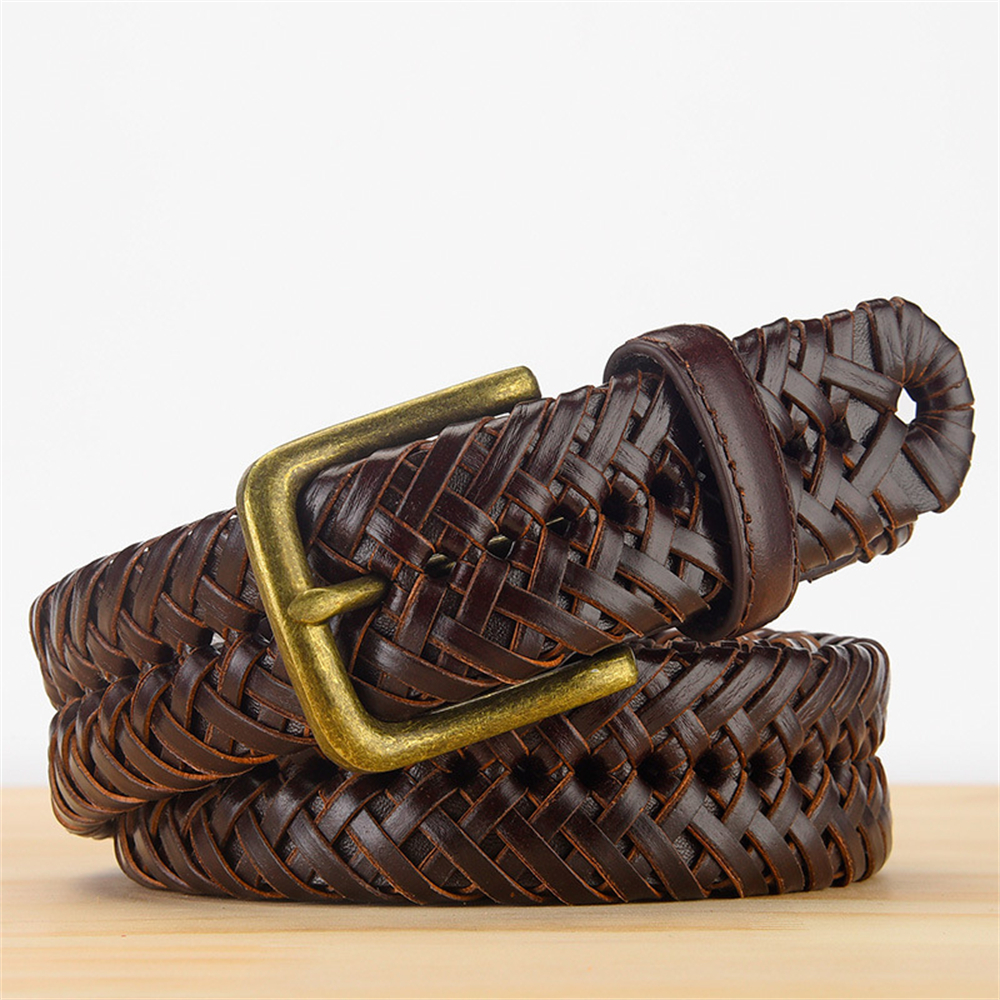 Genuine Leather Vintage Woven Hollow-Out Buckle Men's Belt