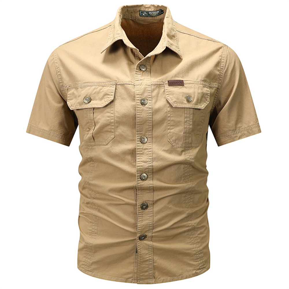 Pure cotton outdoor solid color short sleeved men's casual shirt