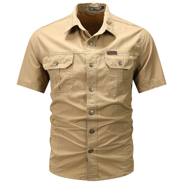 Pure cotton outdoor solid color short sleeved men's casual shirt