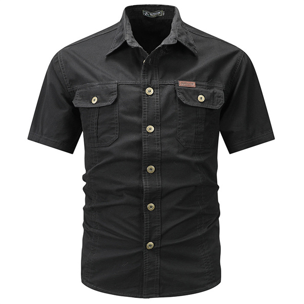 Pure cotton outdoor solid color short sleeved men's casual shirt