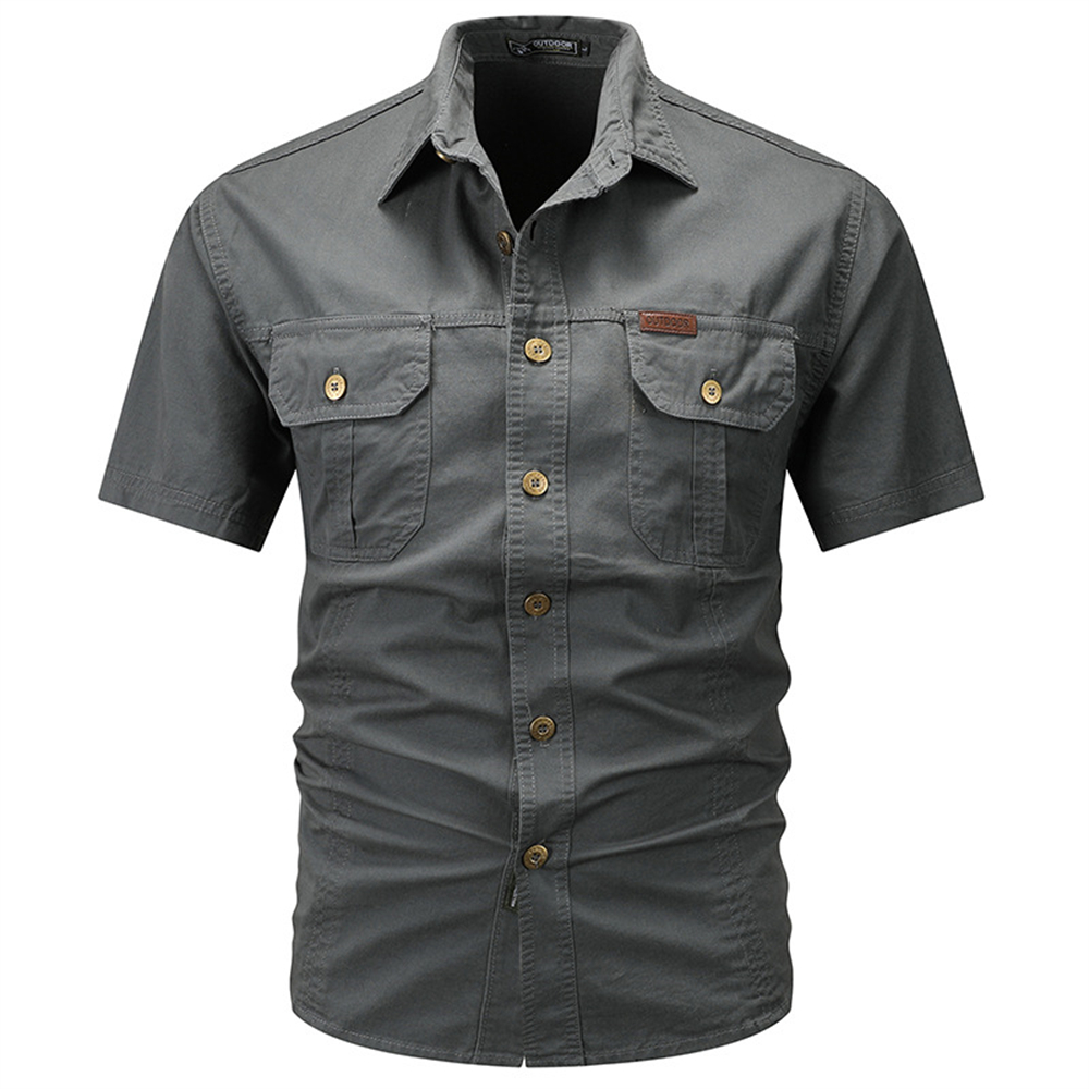 Pure cotton outdoor solid color short sleeved men's casual shirt