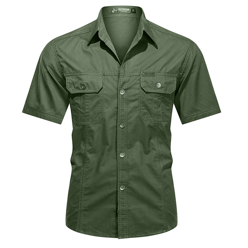 Pure cotton outdoor solid color short sleeved men's casual shirt