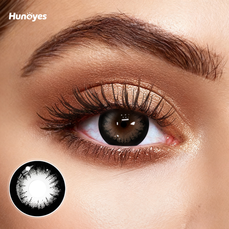 Close-up of Huneyes Bloom Black contact lens texture and design.