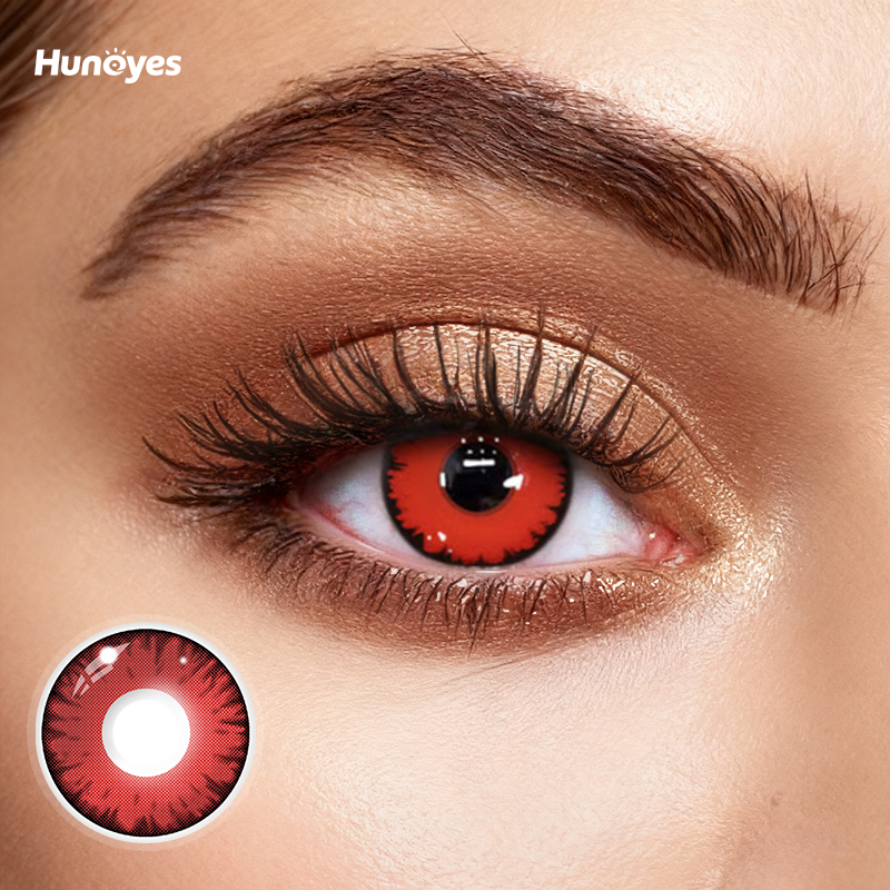 Close-up of Huneyes Candy Crimson contact lens texture and design.