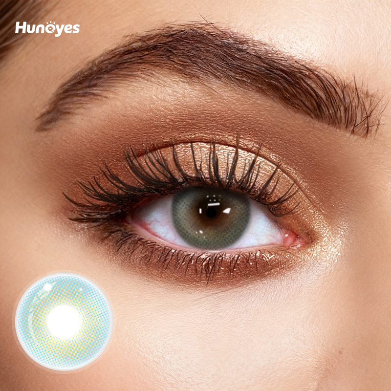 Close-up of Huneyes Prism Blue contact lens texture and design.