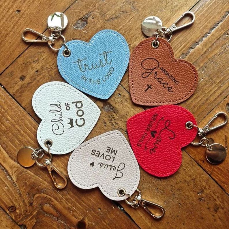 Heart Shaped Leather Keychain with Bible Quote