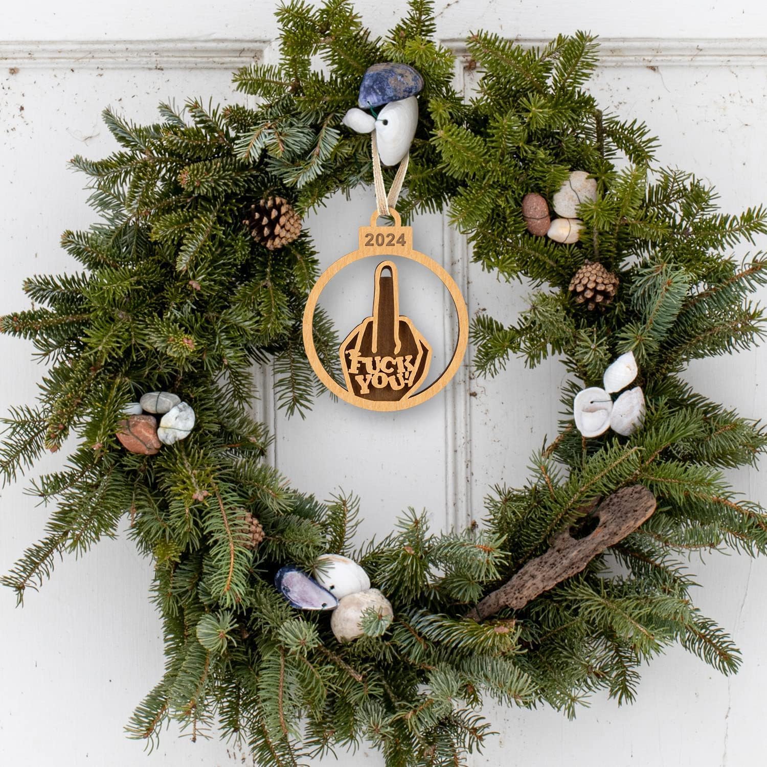 Fuck You 2024 Funny Christmas Ornaments with Black Walnut Wood Design