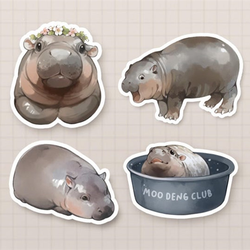 Moo Deng Stickers, Pygmy Hippo Stickers, A Set of Four