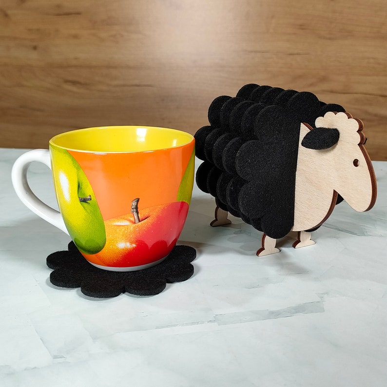 🐏Felt Coasters Set With Wood Sheep🐏