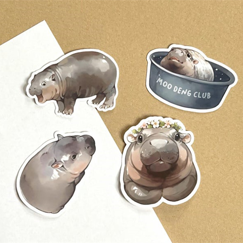 Moo Deng Stickers, Pygmy Hippo Stickers, A Set of Four