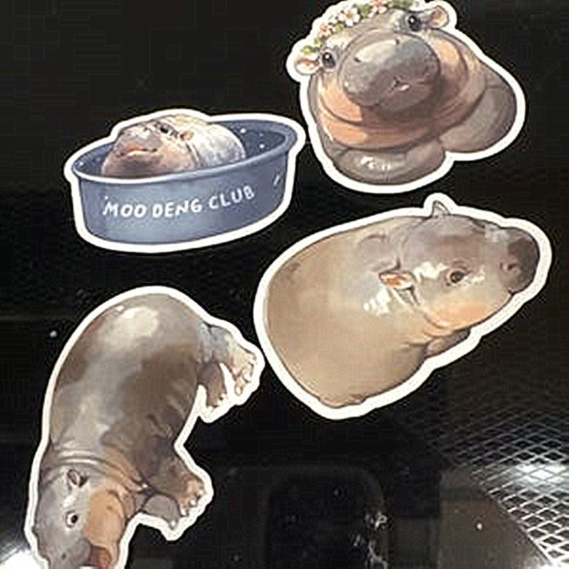 Moo Deng Stickers, Pygmy Hippo Stickers, A Set of Four