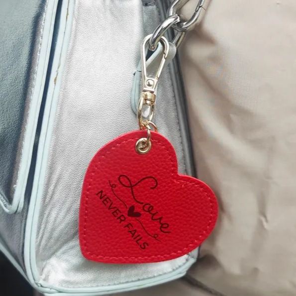 Heart Shaped Leather Keychain with Bible Quote