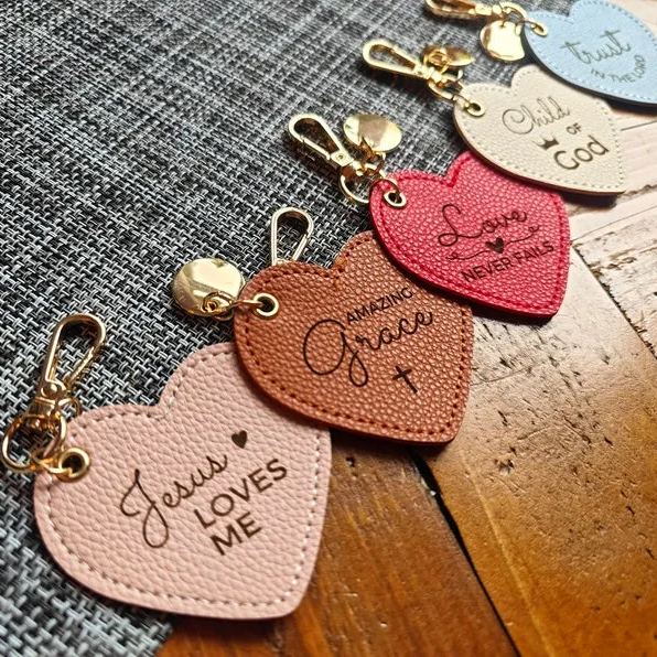 Heart Shaped Leather Keychain with Bible Quote