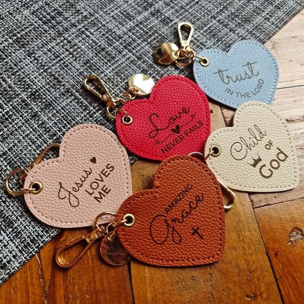 Heart Shaped Leather Keychain with Bible Quote