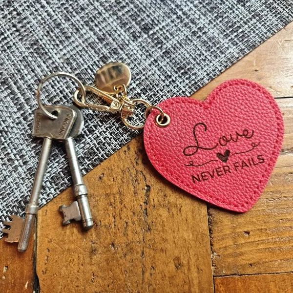 Heart Shaped Leather Keychain with Bible Quote
