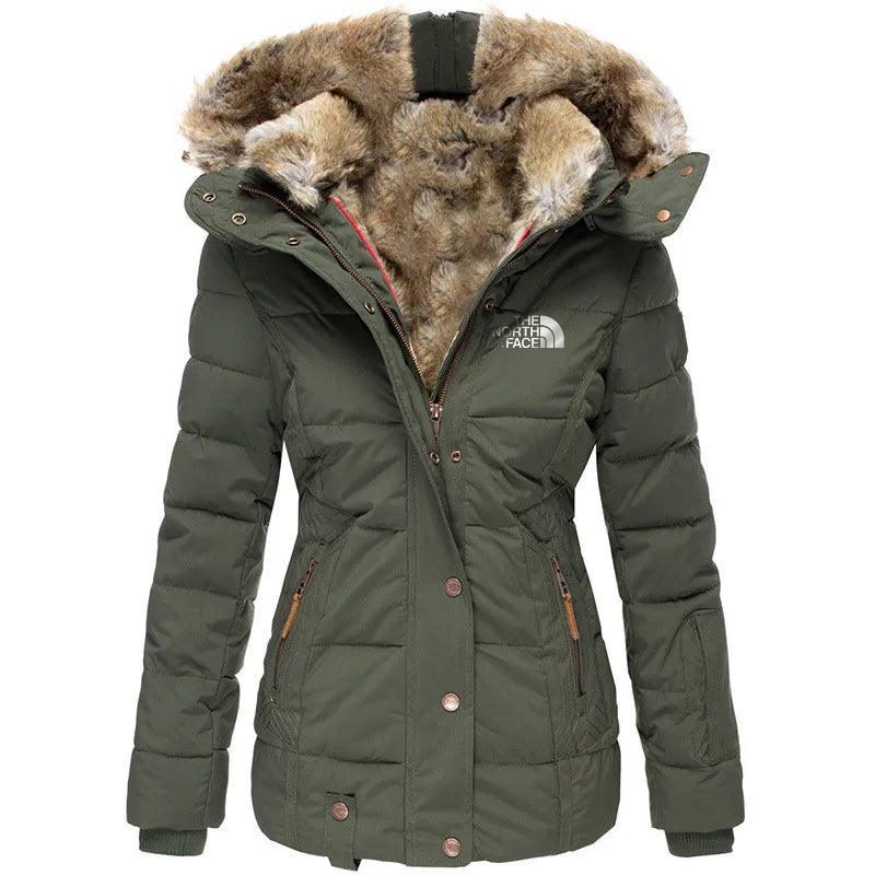 𝗧𝗵𝗲 𝗡𝗼𝗿𝘁𝗵 𝗙𝗮𝗰𝗲- Abrigo de invierno para mujer con cremallera, capucha de pelo sintético y forro de cachemira