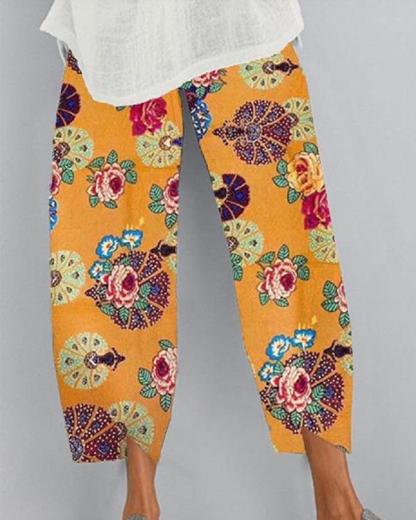 Cotton And Linen Printed Elastic Cropped Pants