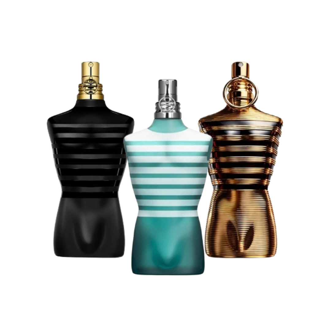 3 Jean Paul Gaultier LE MALE Perfumes, Jean Paul Gaultier LE MALE PERFUME and Jean Paul Gaultier LE MALE ELIXIR (Eau de Parfum)