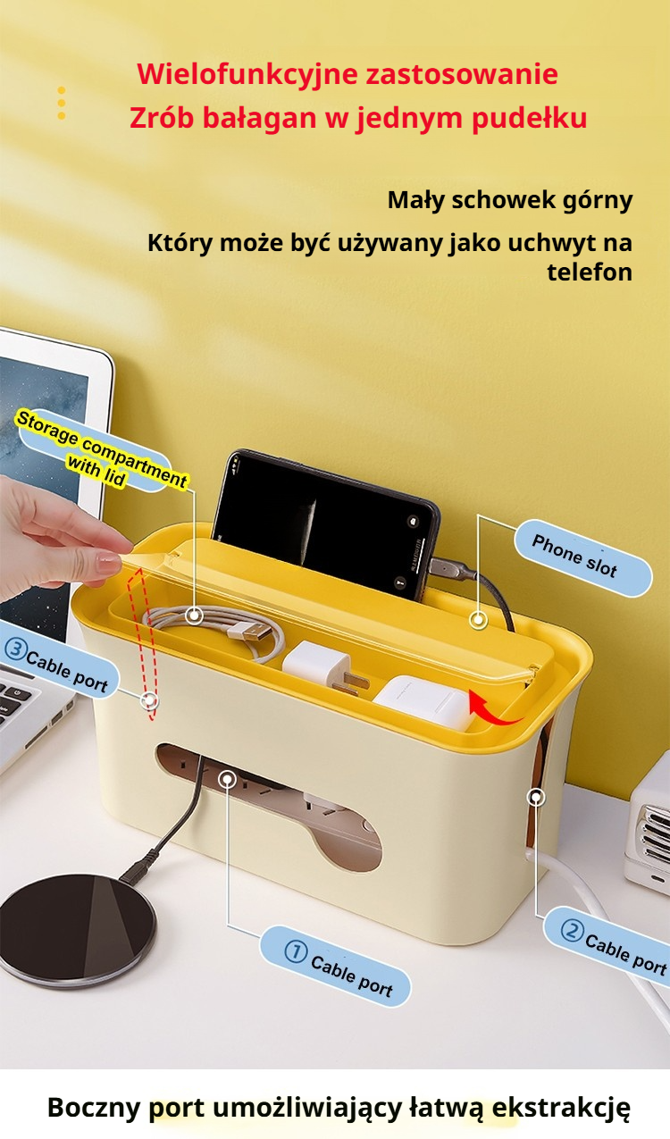 Estetyczna skrzynka na kable i gniazda w salonie