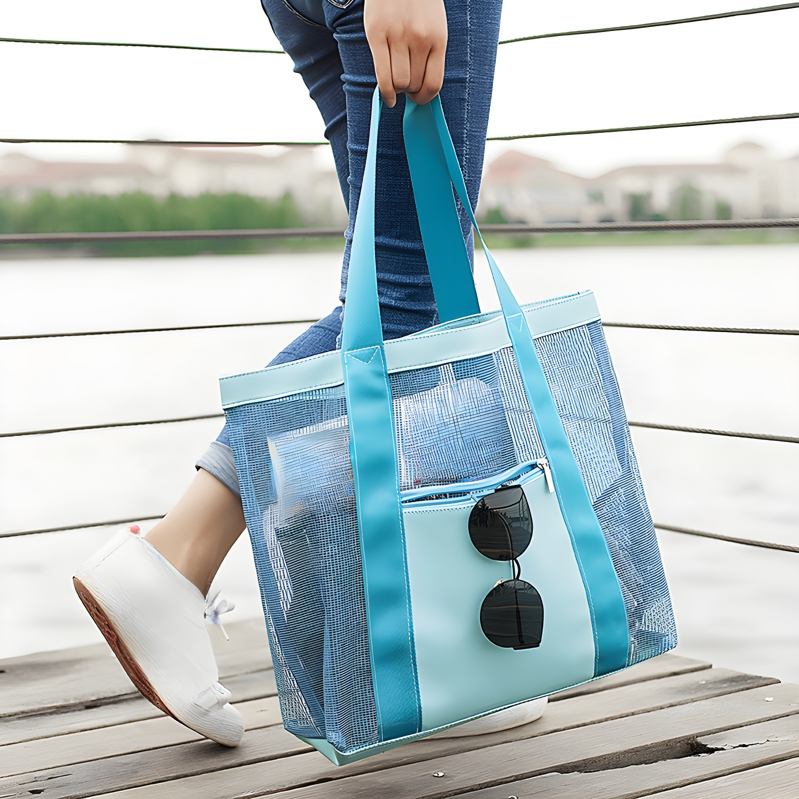 New travel beach bag storage bag portable outdoor storage bag wash swimming bag PVC grid shoulder 