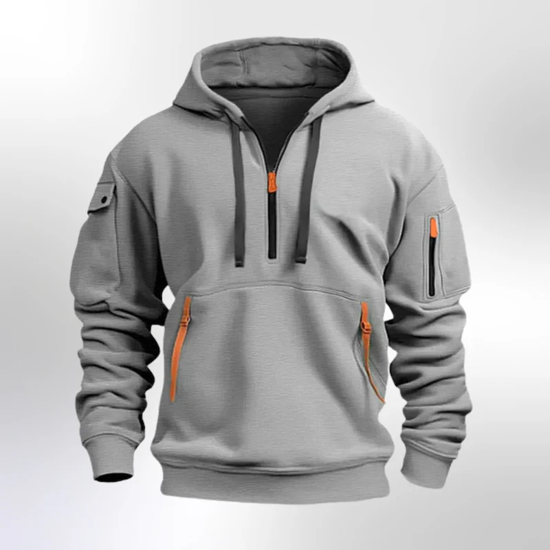 New Men's Zippered Multi-Pocket Hooded Sweatshirt